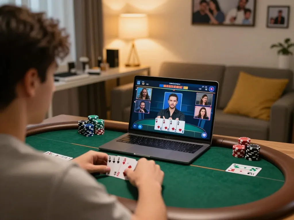 Player engaged in online poker at home, showcasing sc88 gaming interface with chips and cards in action.