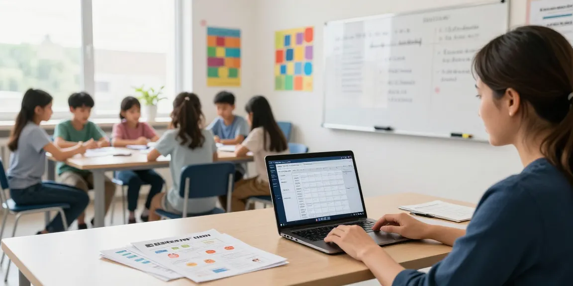 Teacher using EMStudio online teacher planner in a bright classroom, engaging with students.