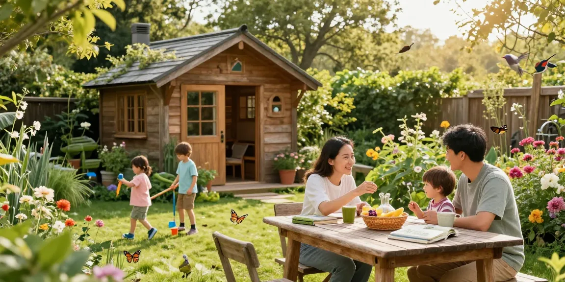 Ein schönes Gartenhaus aus Holz mit Familie, die im Garten spielt und entspannt. Gartenhaus Holz in grüner Umgebung.
