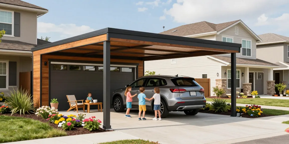 Ein moderner Carport schützt das Familienauto in einer einladenden Nachbarschaft mit spielenden Kindern im Hintergrund.