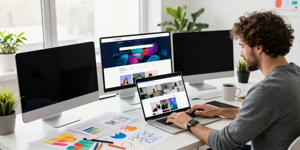 Webdesign Saarland: Designer arbeitet an modernen Website-Layouts in kreativem Büro.
