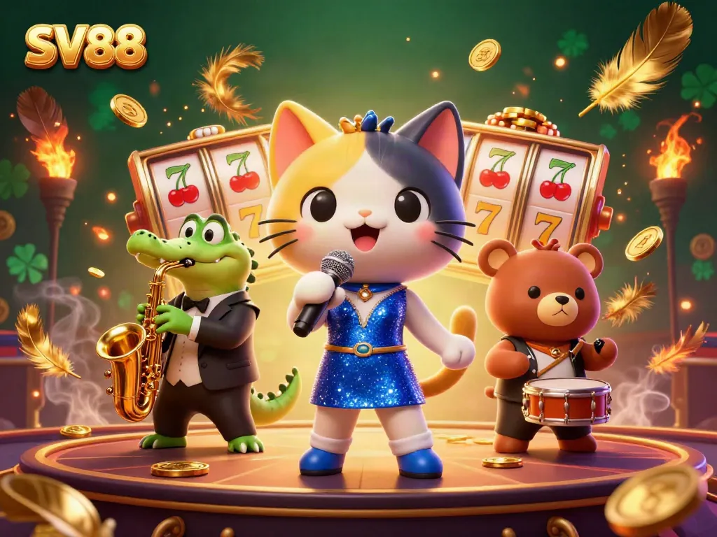 Experience thrilling excitement at SV88 as a jazz-singer cat entertains alongside a crocodile and bear in a vibrant casino.