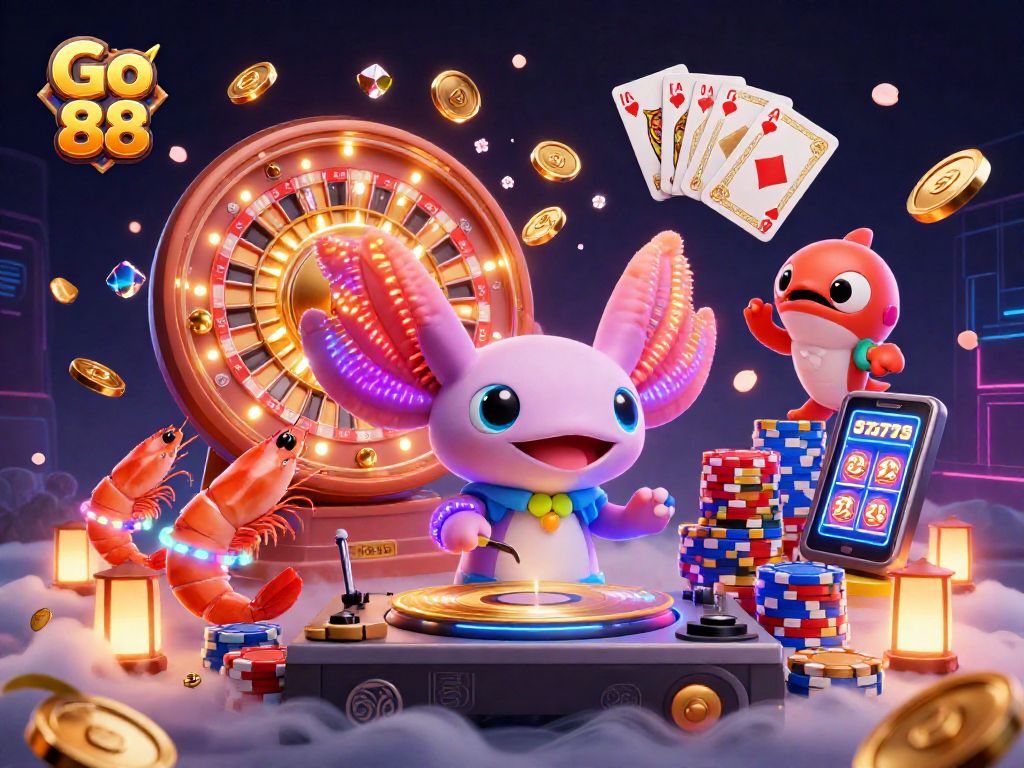 Experience the excitement of Go 88 with a vibrant 3D illustration featuring dynamic casino elements.
