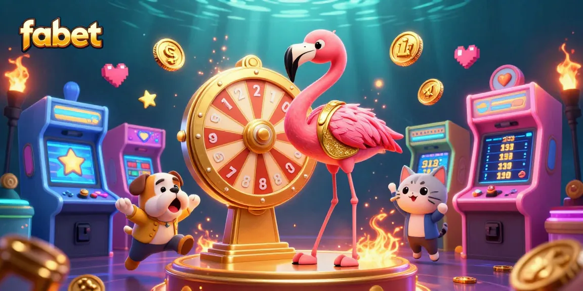 Join the excitement at fabet with a flamingo host spinning the prize wheel surrounded by colorful gaming elements.