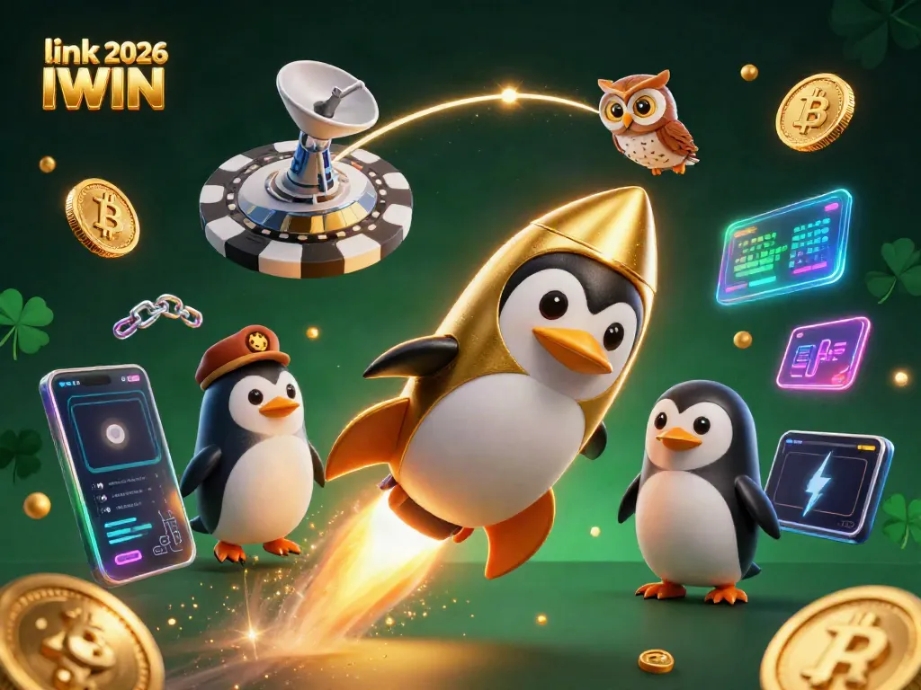 Spin to win with link 2026 IWIN, featuring a golden penguin and vibrant casino elements.