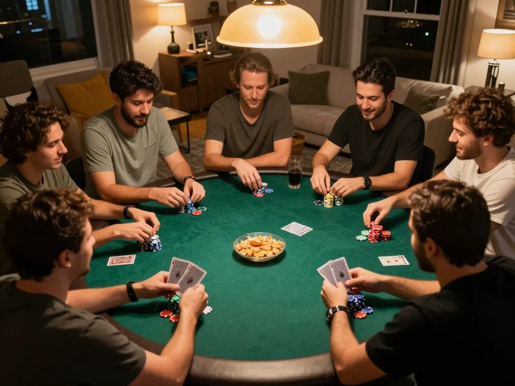 Players engaged in a poker night, enjoying a vibrant home atmosphere with betting excitement https displayed on cards and chips