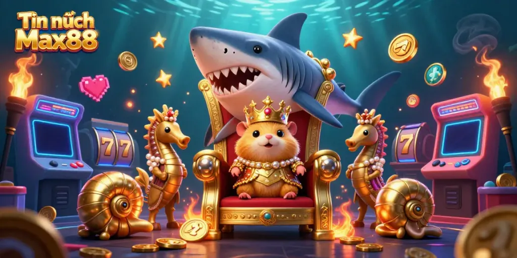 Experience the excitement of Tin tức Max88 with a vibrant 3D casino scene featuring a golden hamster king.