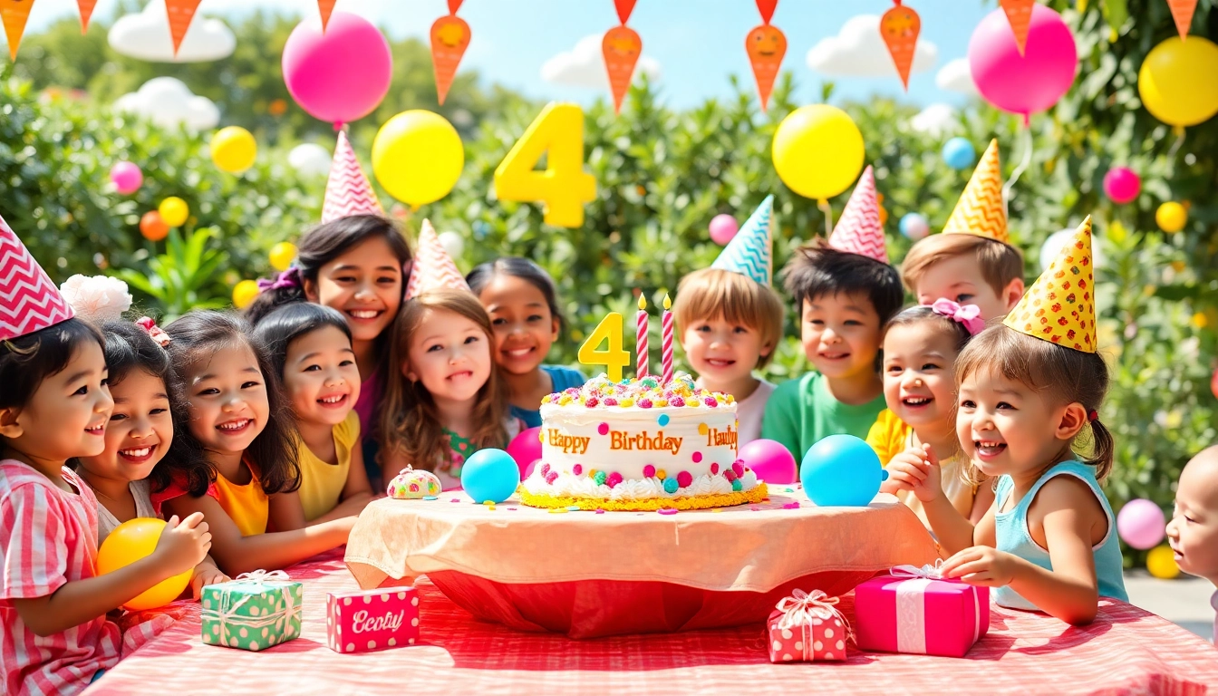 Kindergeburtstag 4 Jahre: Kinder feiern einen bunten Geburtstag mit Spielen und Kuchen.