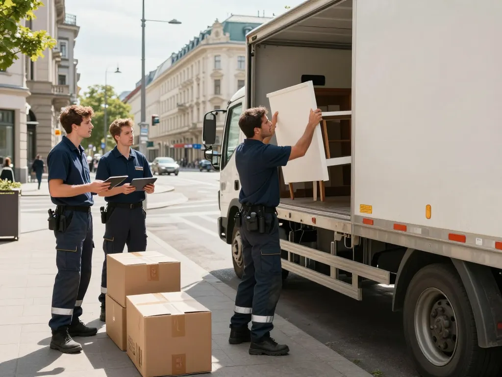 Effiziente Räumung Wien Szene mit einem professionellen Team, das Immobiliengegenstände räumt und dabei organisierte Logistik und Vertrauen zeigt.