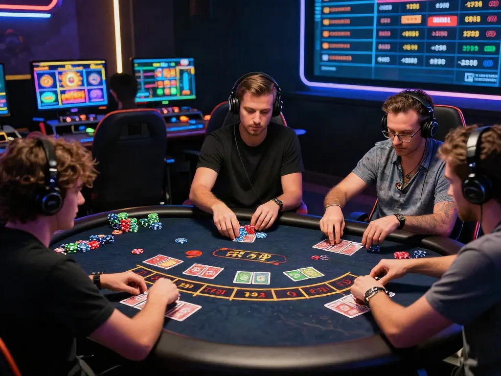 Engaged players at an online gaming table showcasing Baccarat and Poker with vibrant visuals, Link vào Xo88 highlighted.
