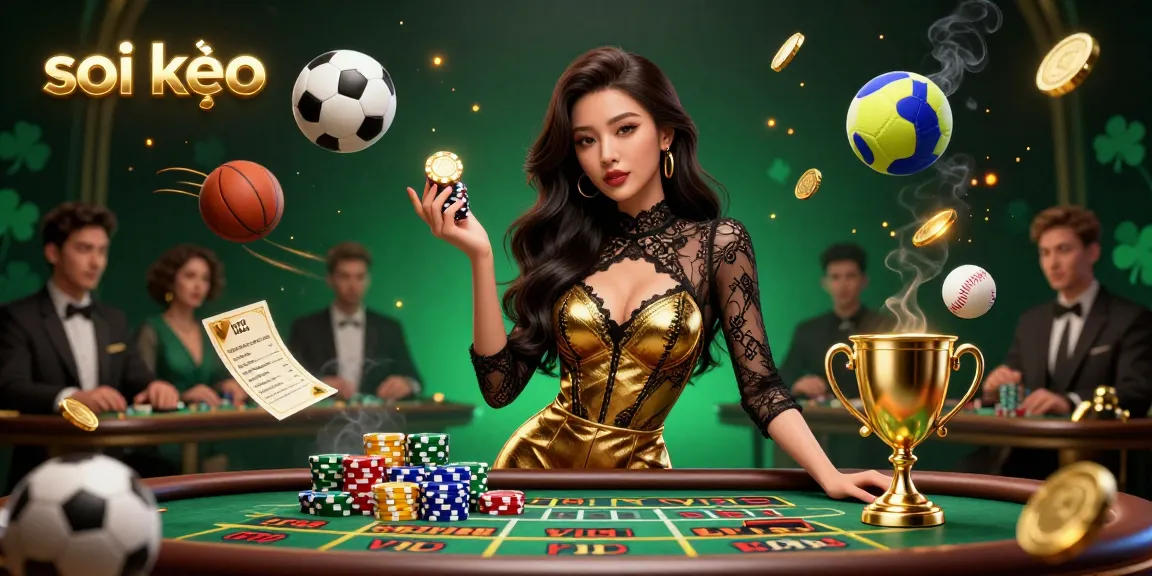 Soi kèo action scene featuring a confident Asian woman at a VIP sports betting table with golden casino chips and dynamic sports elements.