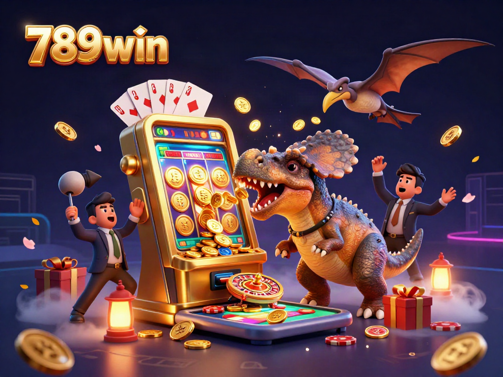 Experience the thrill of 789win with a colorful jackpot scene featuring dinosaurs and dynamic casino elements.