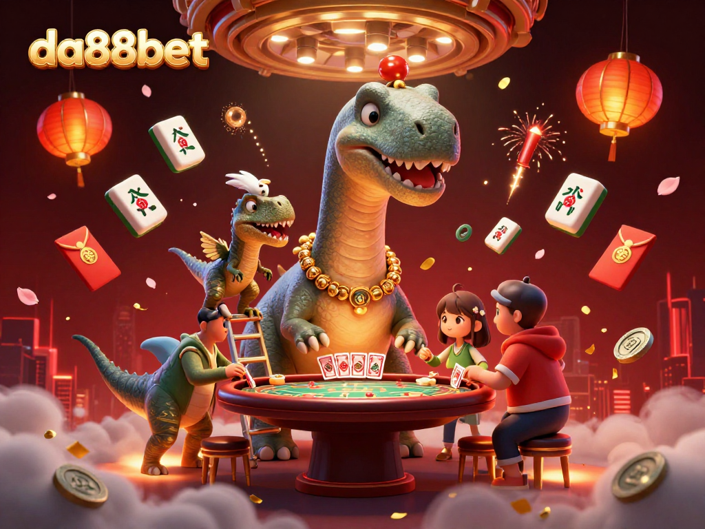 Experience thrilling gameplay at da88bet with a lively 3D scene of card dealing and whimsical characters.