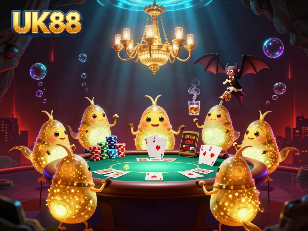 Engage with UK88's vibrant casino scene featuring luminous glowworms and high-stakes poker.