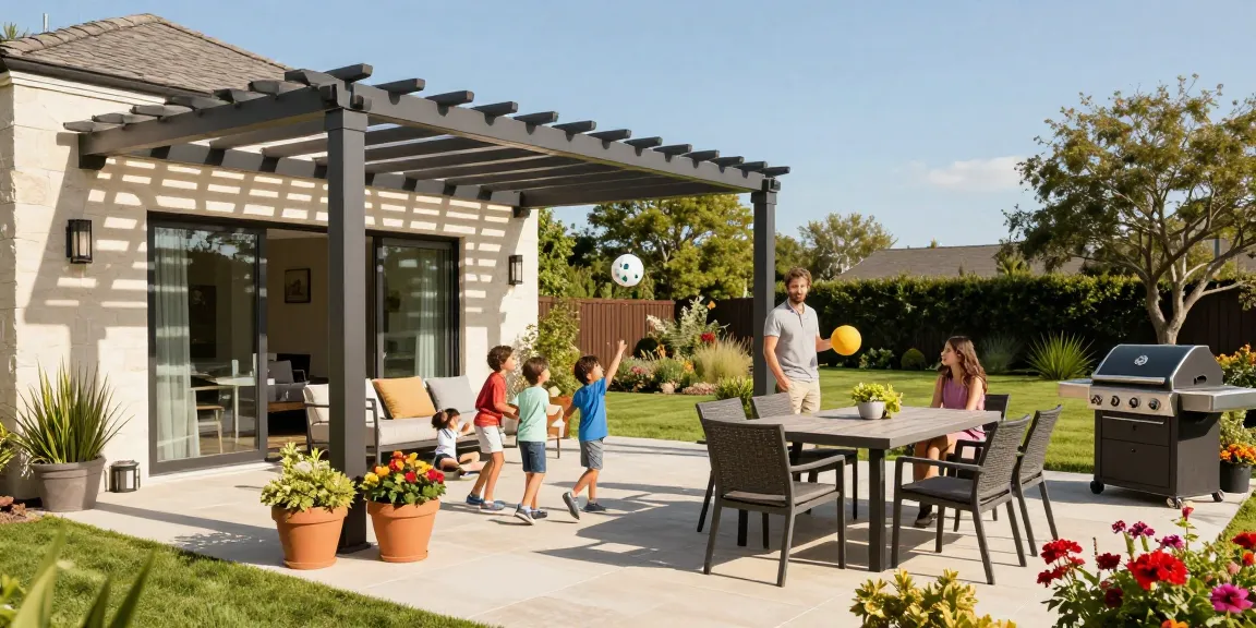 Moderne Terrassenüberdachungen schaffen ein einladendes Familienambiente im Garten.
