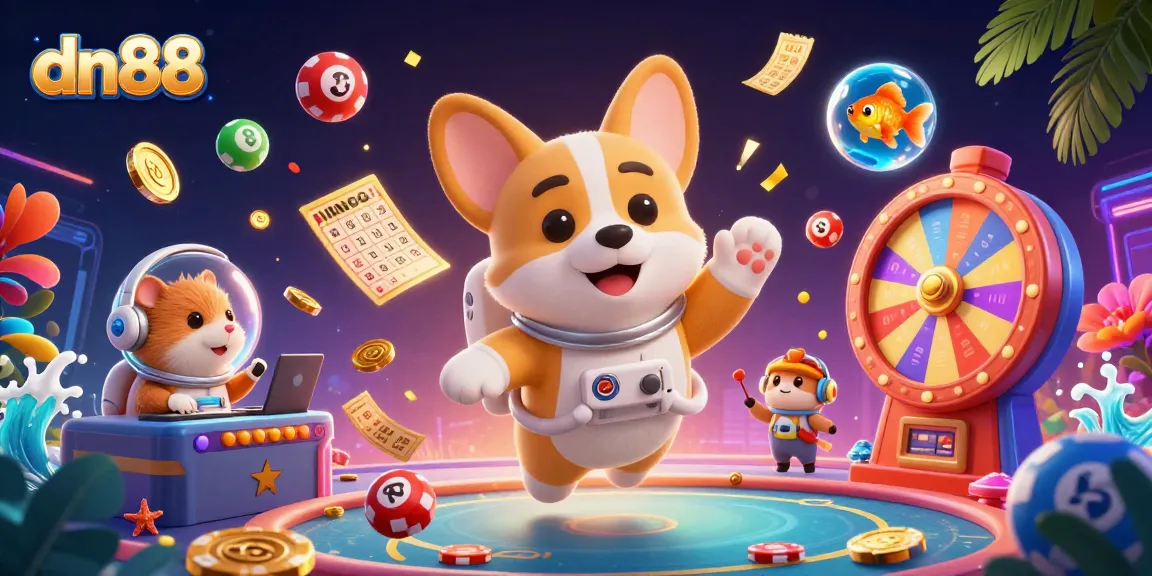 Experience the excitement of dn88 with a 3D corgi in a floating casino, showcasing vibrant lottery elements.
