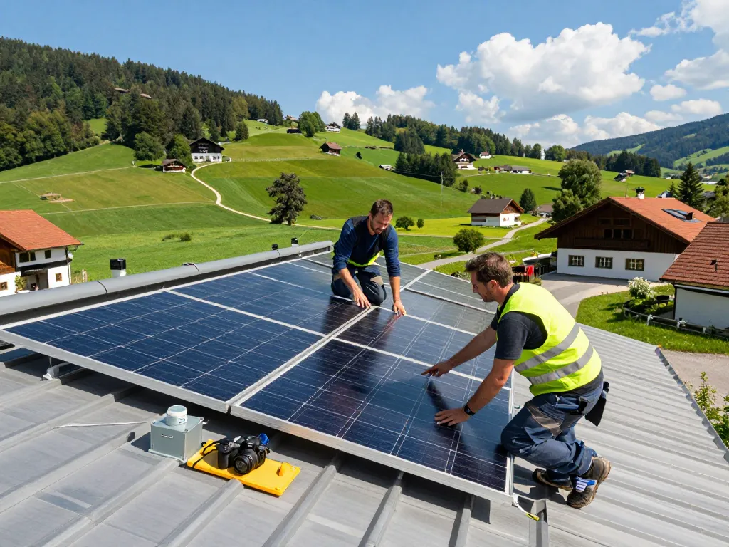Photovoltaik Bayern Installation mit Technikern auf einem sonnigen Dach im bayerischen Umland.