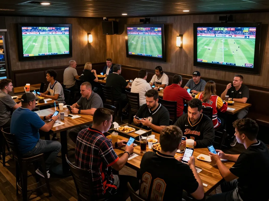 Patrons engaged in soi kèo nhà cái at a lively sports bar with screens showing live games.