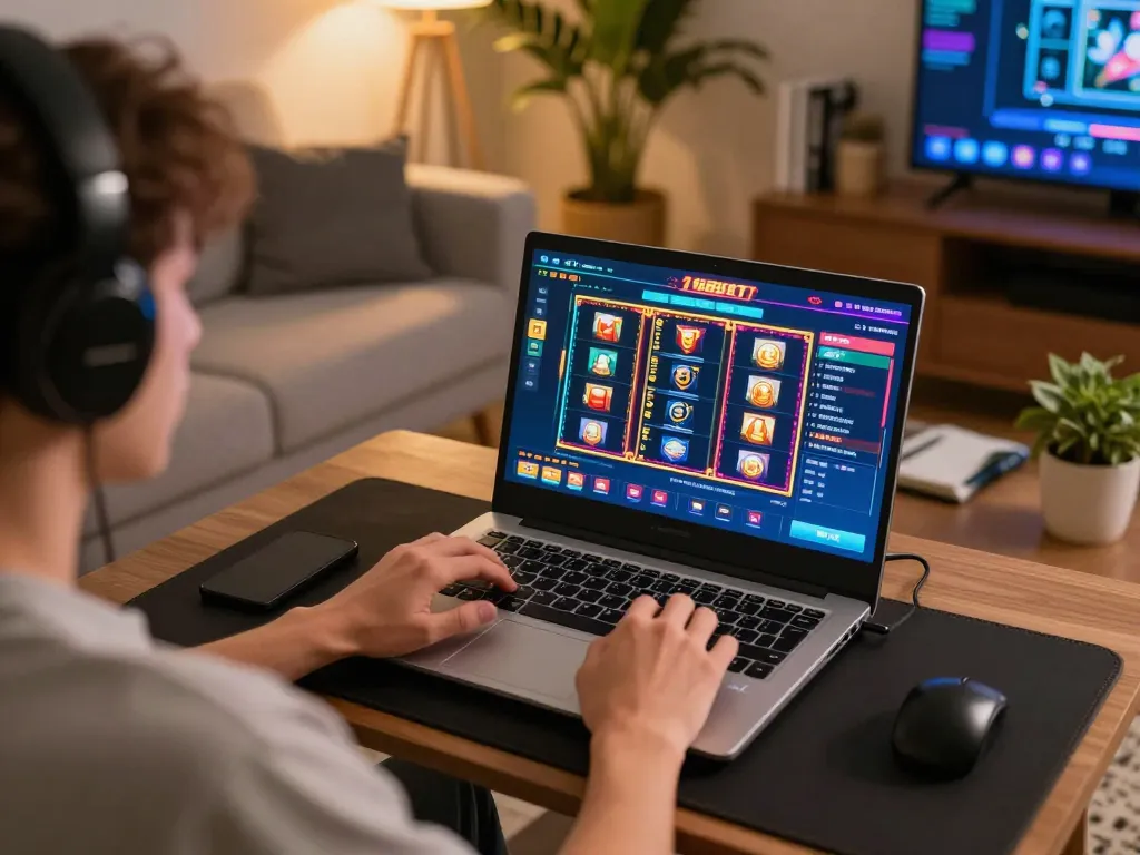 Engaging in f168slot gameplay on a laptop in a cozy home setting with strategic focus