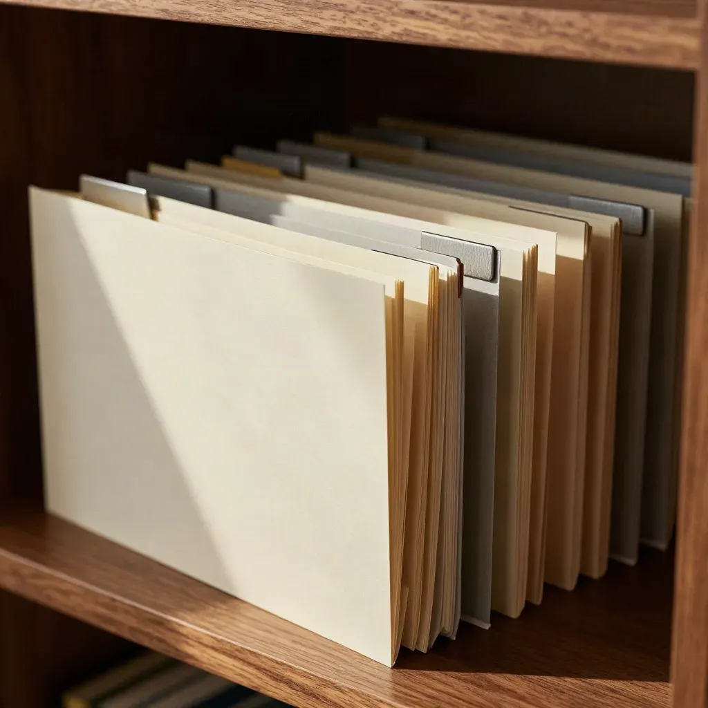 Archivmappen, Notizbuch und Registerkarten in ruhiger Chronologie auf dunklem Holz.
