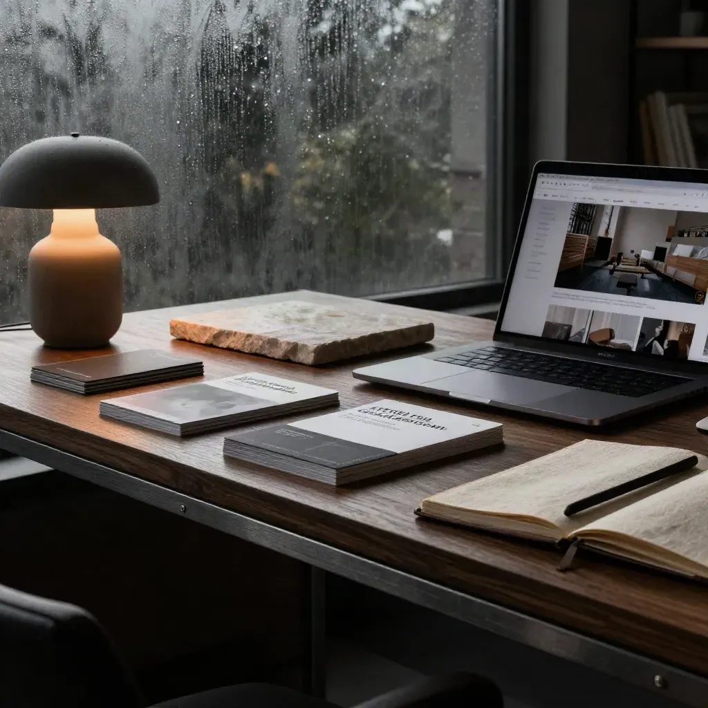 Düstere Home-Studio-Szene mit Laptop, Karten, Lampe und Steinprobe am regennassen Fenster.