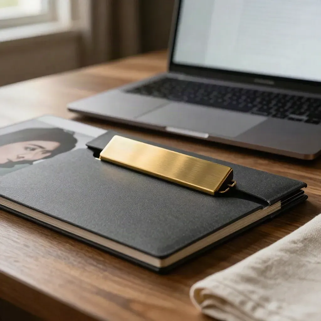 Matte Print-Hülle, leuchtender Laptop und Messingkartenhalter auf warmem Walnussschreibtisch.