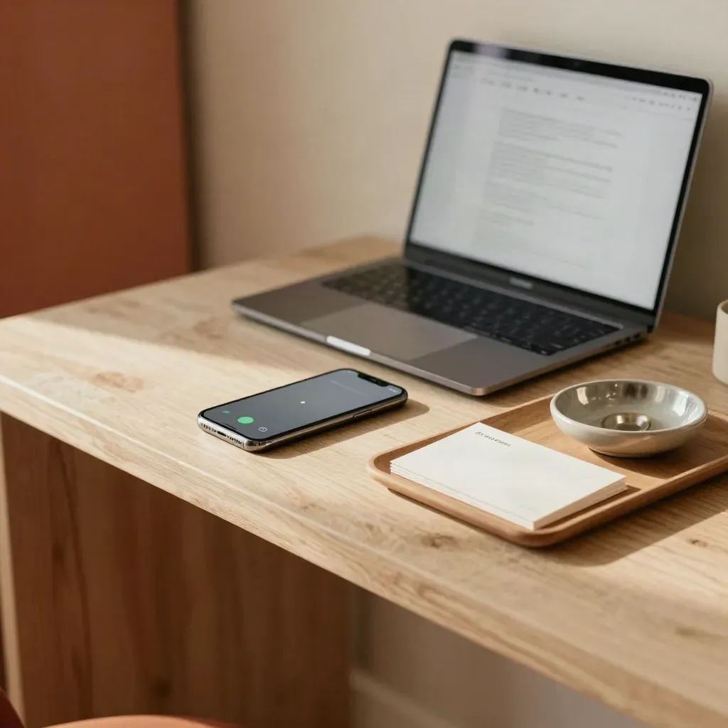 Kontaktstation mit Handy, unscharfem Laptop und Karten auf hellem Holz.