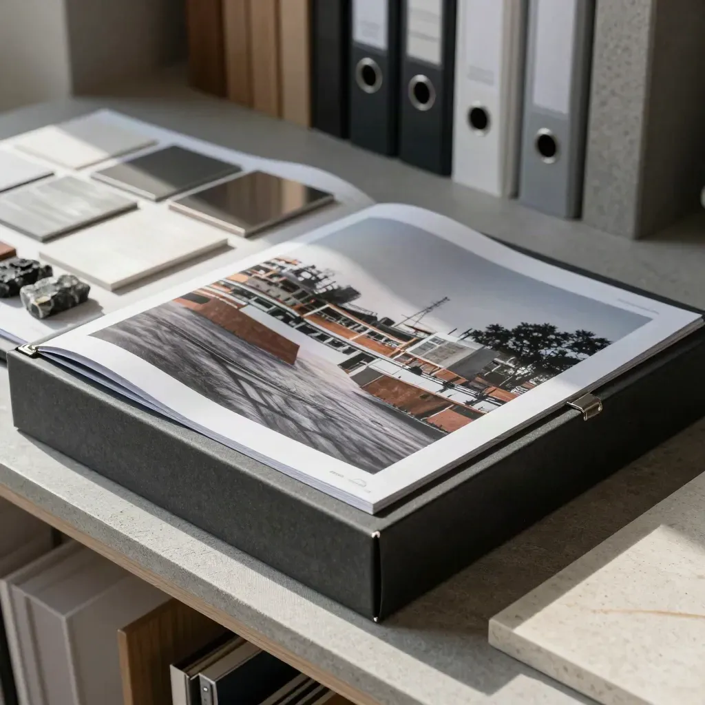 Offenes Projektarchiv mit Druckproben, Materialmustern und Präsentationsbox.
