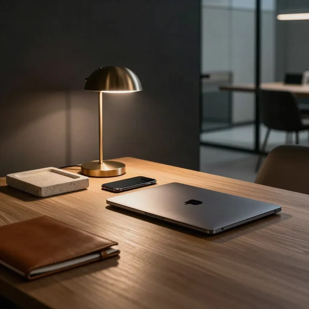 Dunkler Büro-Schreibtisch mit Smartphone, geschlossenem Laptop und Lampe im warmen Abendlicht