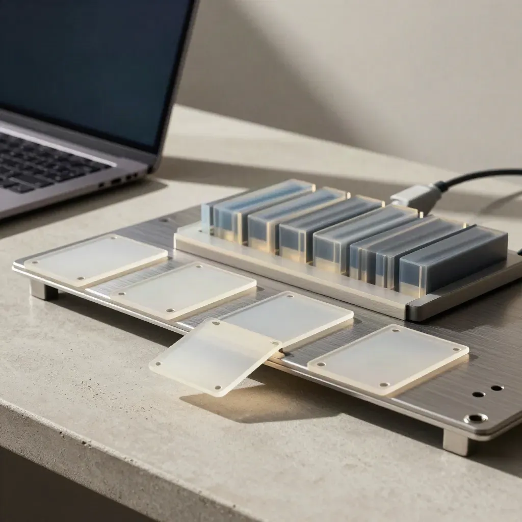 Modulare IT-Service-Tafel mit Laptop und Acrylkarten in kühlem Licht