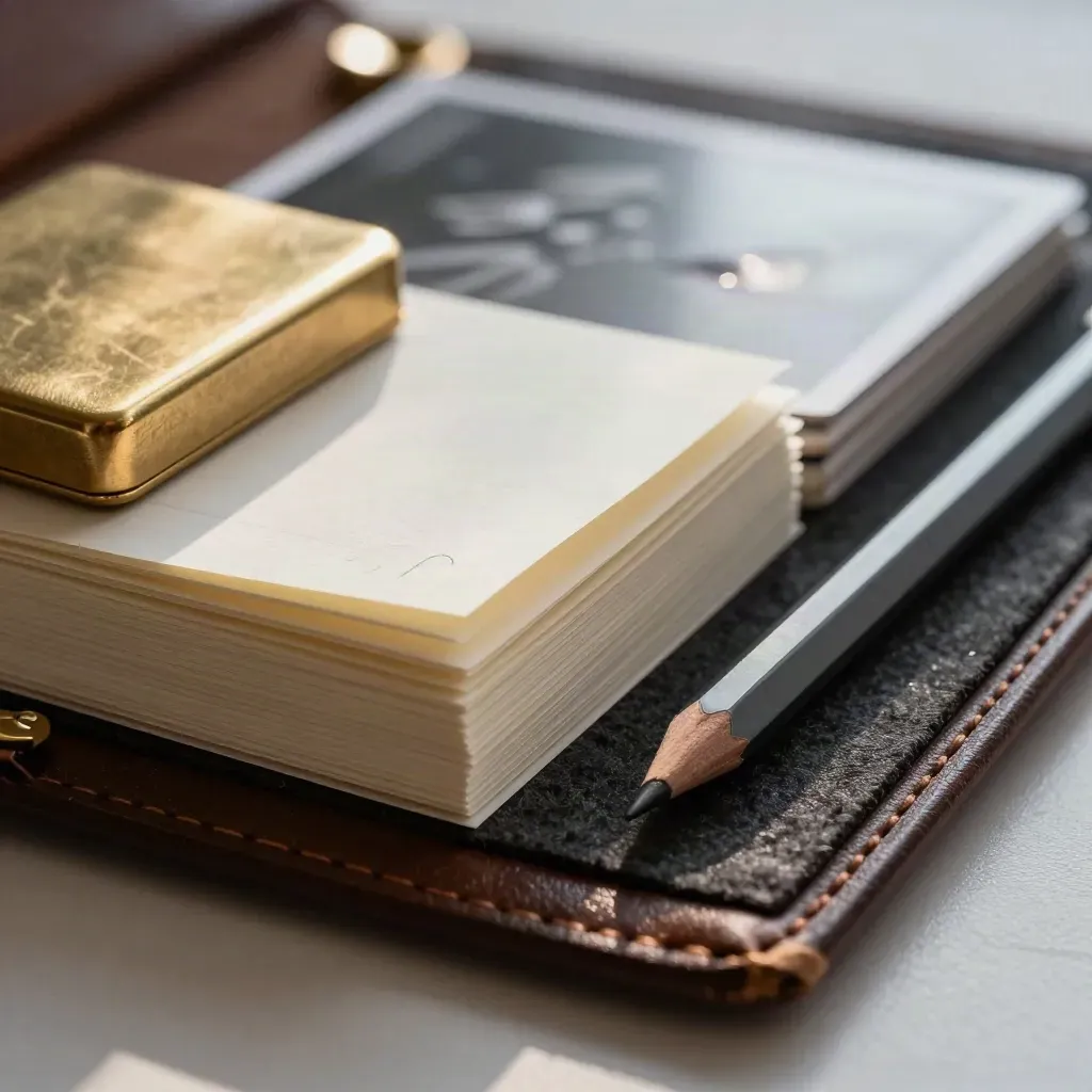 Brassbeschwerer, Registerkarten und Bleistift auf dunklem Filz im Makrolicht.
