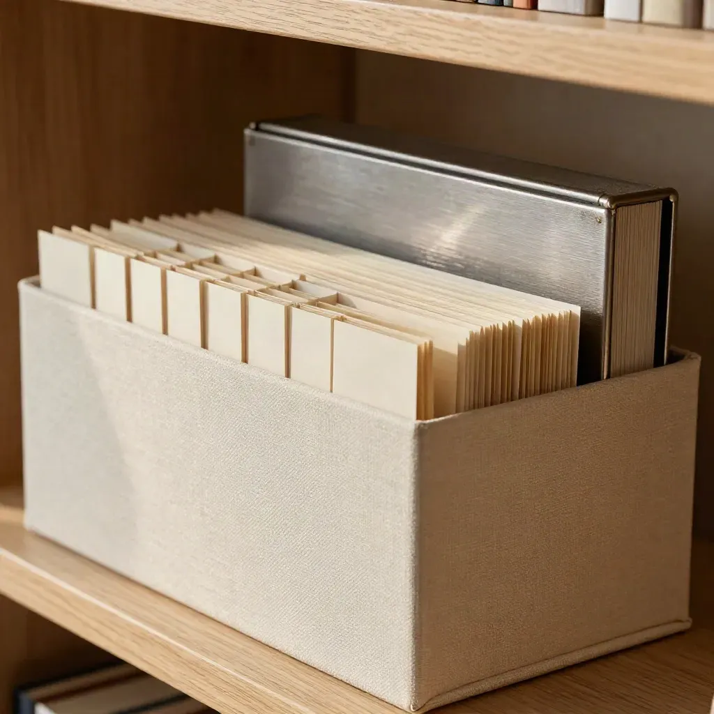 Archivbox mit Registerreitern und Portfoliohülle auf hellem Holzregal im warmen Licht.