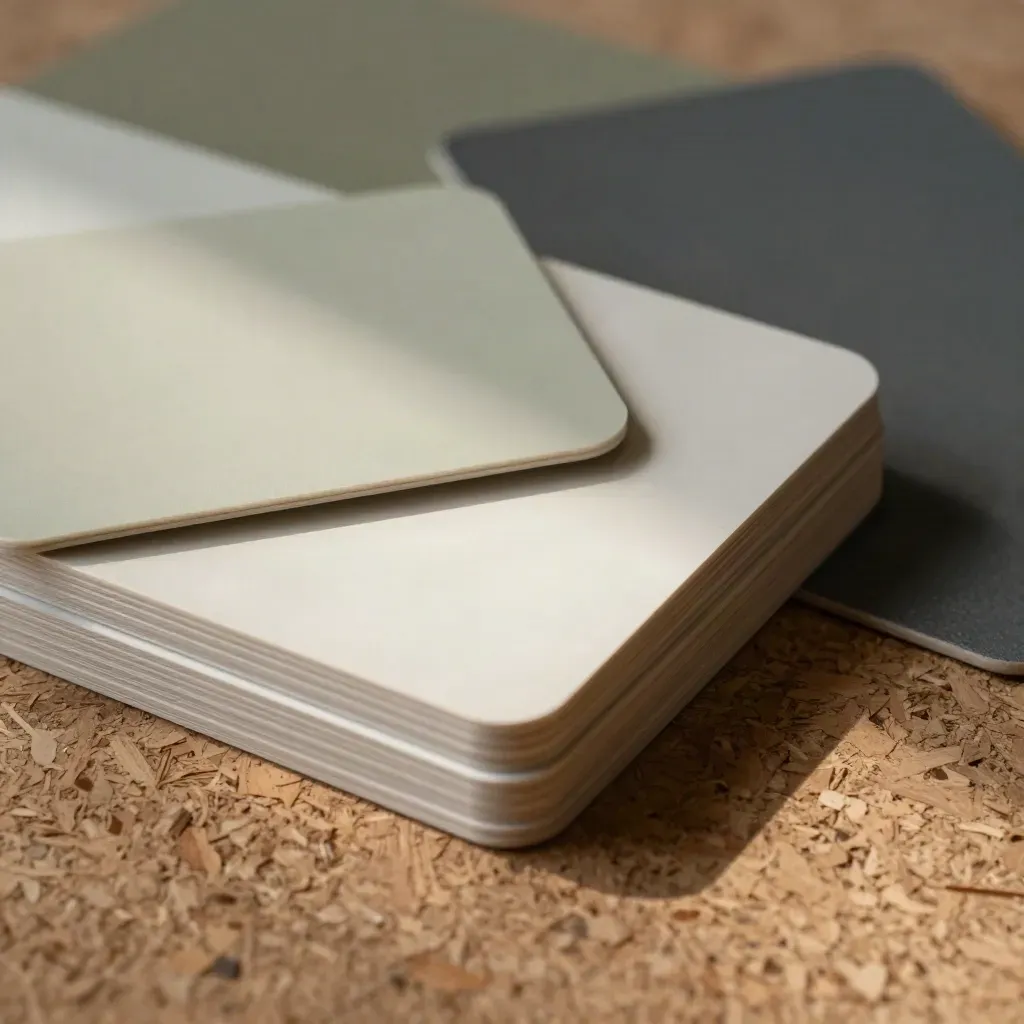 Makro von UI-Mockup-Kacheln und einem Stift auf einer Stoffprobe in Oliv und Khaki.