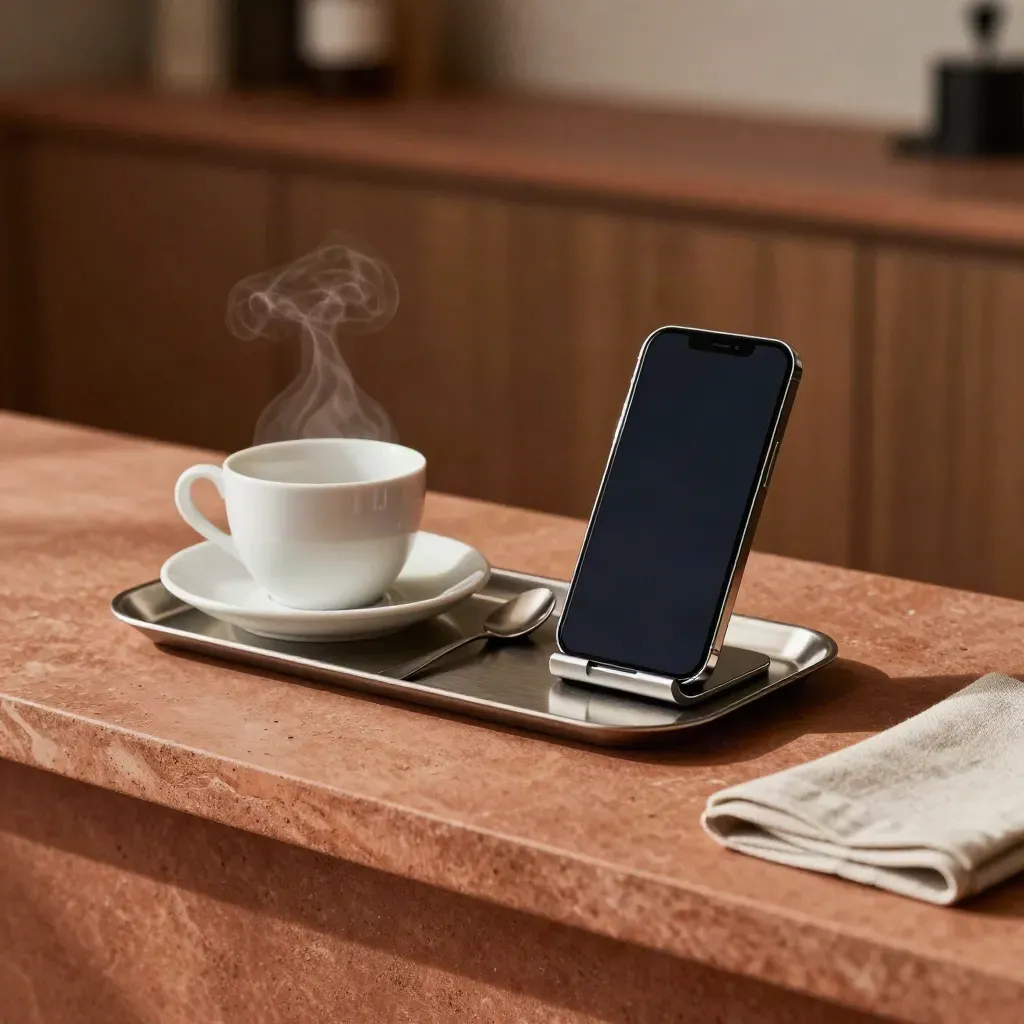 Smartphone-Ständer, ruhendes Telefon und Kaffeeservice auf Terrakotta-Stein.