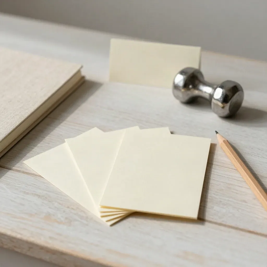 Indexkarten, Notizbuch und Bleistift auf hellem Holz neben einem Steingewicht, weich von der Seite beleuchtet