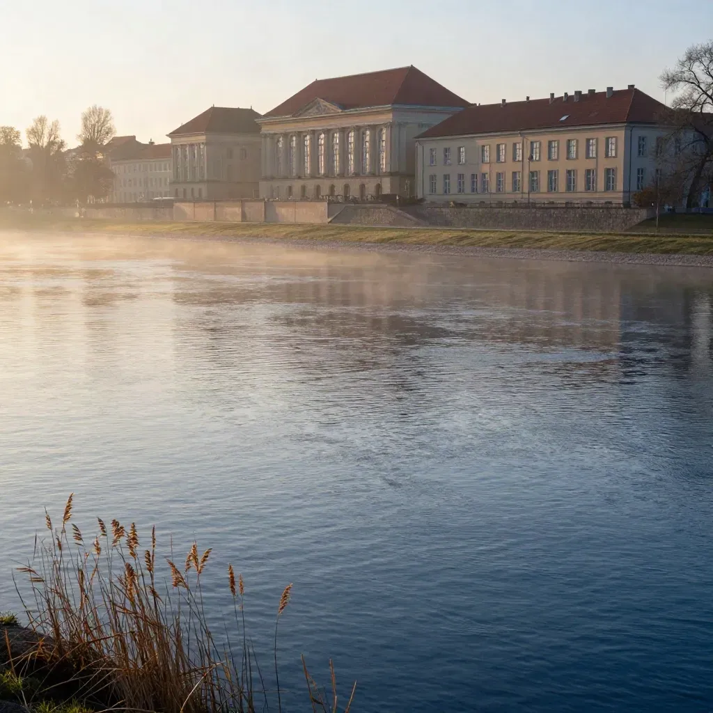 Havel bei Potsdam im Morgennebel, Sanssouci-Dächer hoch im Bild, ruhiges Wasser.