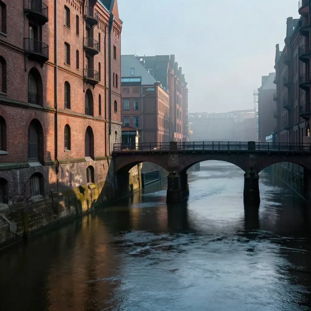 Speicherstadt-Brücken im Nebel über ruhigem Kanal bei Blauhour