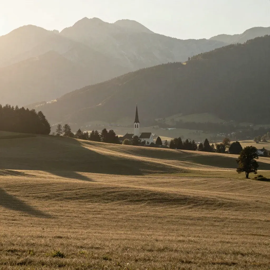Bayerische Voralpen im warmen Dunst mit Kirchturm hoch im Bild und ruhigem Talgrund.