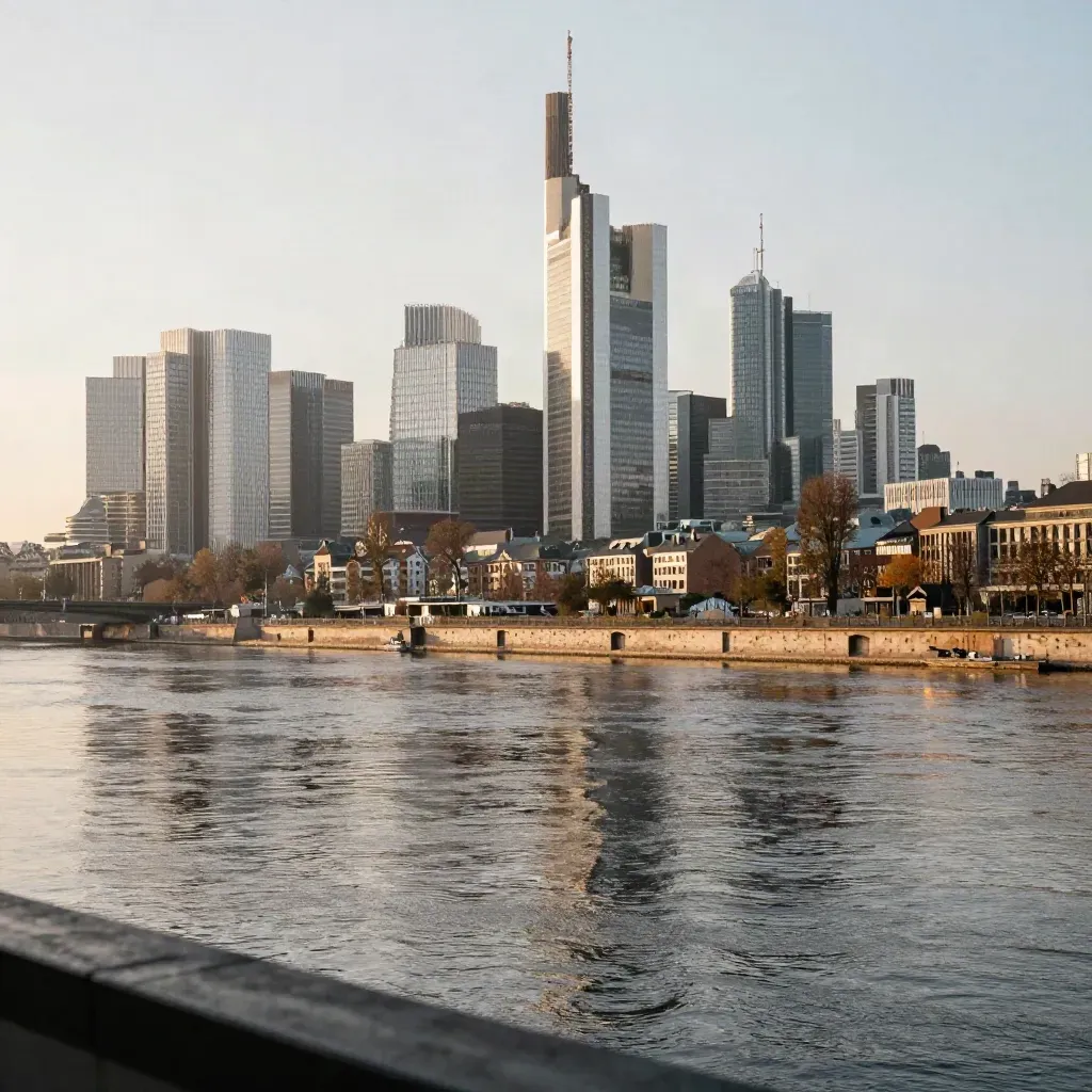 Frankfurter Skyline im Morgendunst über dem Main, ruhig und hoch im Bild.