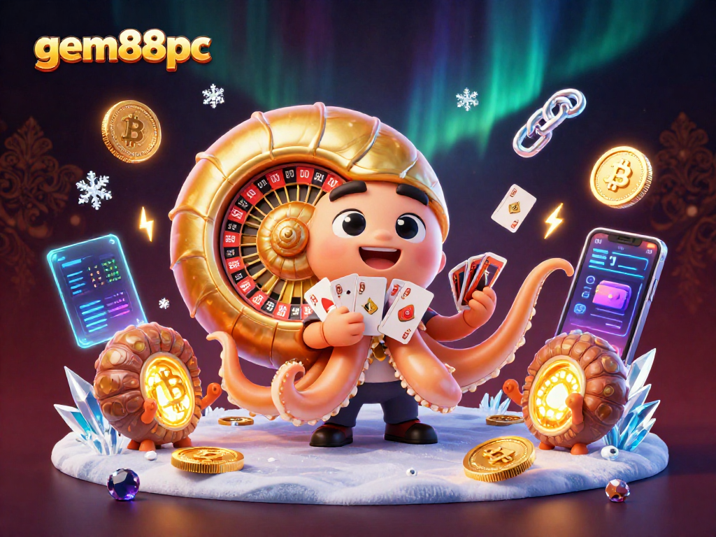 Experience exciting gameplay at gem88pc with a vibrant 3D casino illustration featuring roulette, cards, and crypto.