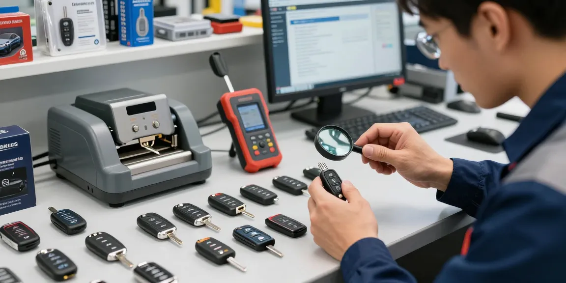 Techniker prüft Auto Schlüssel in einer Werkstatt mit Werkzeugen und modernen Geräten.