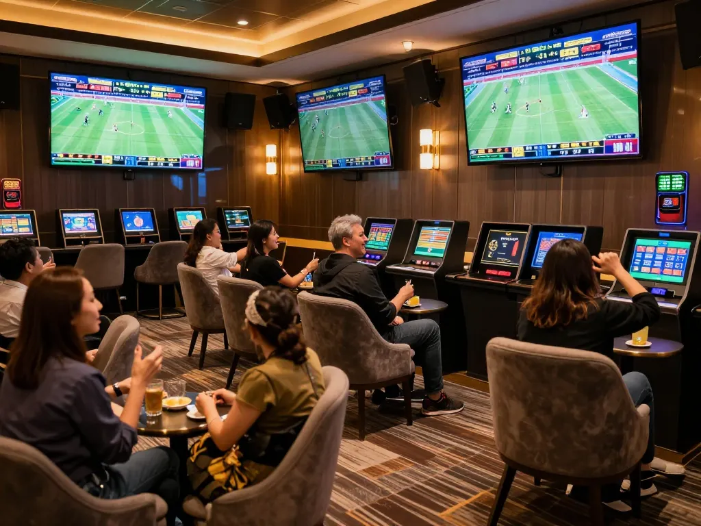Patrons enjoying kèo nhà cái hôm nay in a stylish sports betting lounge, cheering for live match updates.