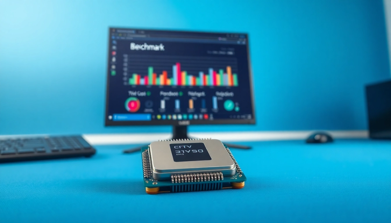 Prozessor Vergleich mit modernem Desktop-Setup und Benchmark-Software im Vordergrund.