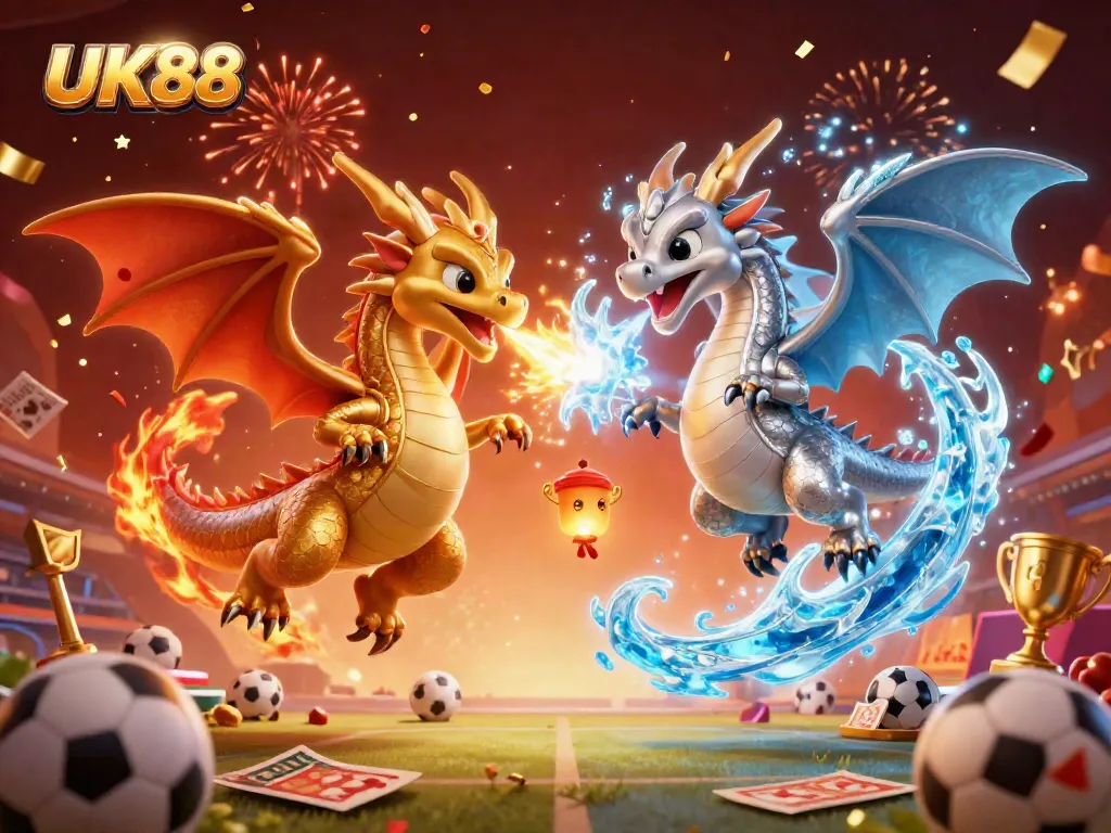 Experience the thrill of UK88 with dual dragons in an epic sports betting scene.