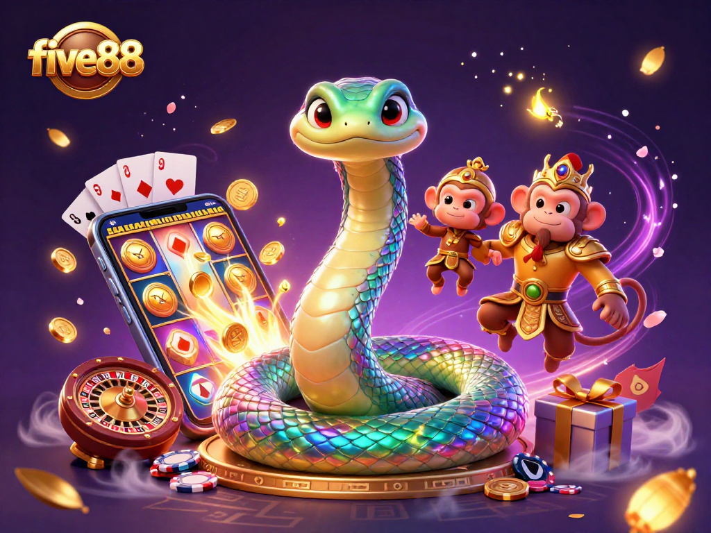 Experience thrilling fun at five88 with colorful slots and dynamic gaming elements in a magical scene.