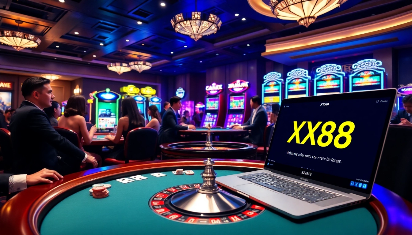 Players enjoying a thrilling poker game at XX88 casino, surrounded by vibrant gaming elements.