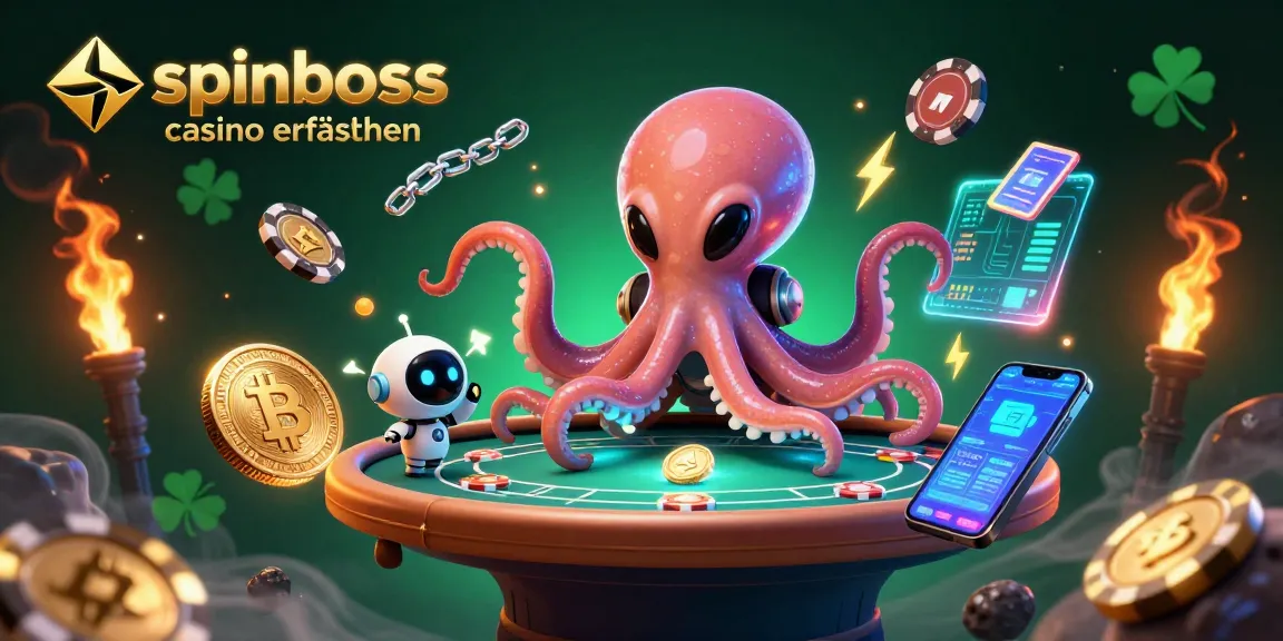 SpinBoss Casino Erfahrungen: Alien-Oktopus spielt an einem holografischen Pokertisch mit Bitcoin-Chips.