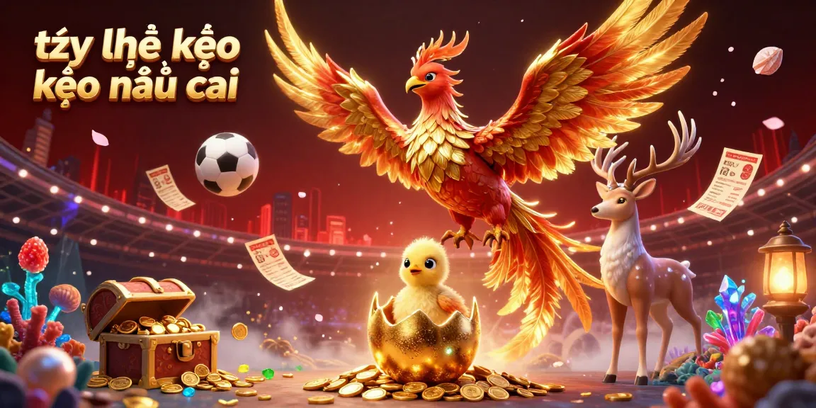 Tỷ lệ kèo kèo nhà cái featured in a dynamic sports betting scene with a golden phoenix and treasure elements.