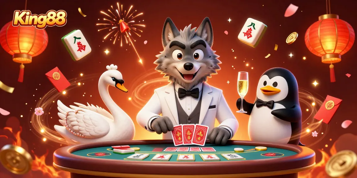 Experience the excitement at King88 with our vibrant casino visuals, featuring a debonair wolf, elegant swan, and sophisticated penguin.