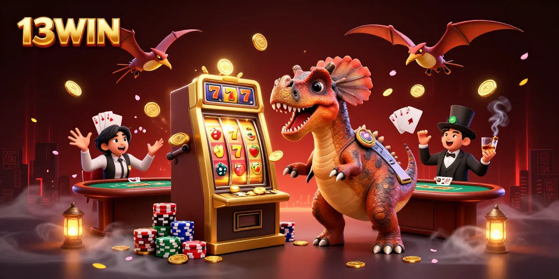 Experience the thrilling 13WIN casino scene with a jackpot-winning pachycephalosaurus and vibrant slot action.